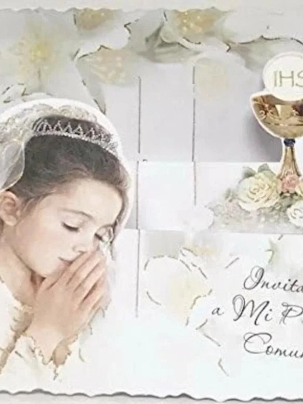 8ct Spanish First Holy Communion Invitations - Girl w/ Gold Chalice & Envelopes